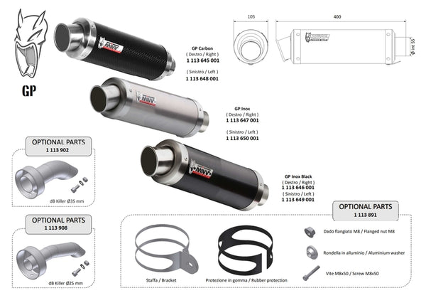 MIVV GP Universal Silencer - Right Side 00.73.KU.001.SXSB i kolfiber, rostfritt stål och svart finish med mått och tillbehör för fordonstillbehör.