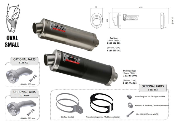 MIVV Oval Small Universal Silencer - Left Side 00.73.KU.002.SX1B i rostfritt stål och svart finish, med mått och tillbehör för fordonstillbehör.