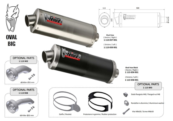 MIVV Oval Big Universal Silencer - Right Side 00.73.KU.001.SX2B i rostfritt stål och svart finish med tekniska mått och tillbehör för motorcykelavgassystem.