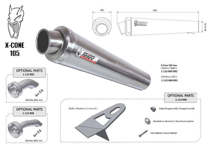 MIVV X-Cone 105 Universal Silencer - Left Side 00.73.KU.002.SC3 i rostfritt stål med mått och tillbehör, perfekt för fordonstillbehör och reservdelar.