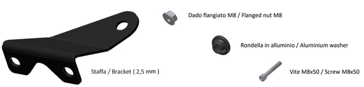 MIVV Mounting Kit för Delta Race Muffler 50.SC.KU.001.SDRX med svart monteringsfäste, M8 flänsmutter, aluminiumbricka och M8x50 skruv. Perfekt reservdel inom ACC. EXHAUST och VEHICLE PARTS & ACCESSORIES.