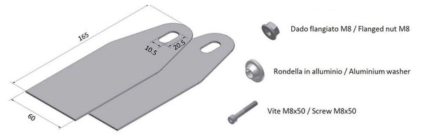 MIVV Mounting Kit för X-Cone 90 Muffler 50.SC.KU.001.SC2 med två monteringsplåtar, M8 flänsmutter, aluminiumbricka och M8x50 skruv. Perfekt reservdel inom avgassystemstillbehör.