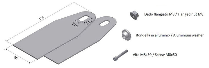 MIVV Mounting Kit för X-Cone 90 Muffler 50.SC.KU.001.SC2 med två monteringsplåtar, M8 flänsmutter, aluminiumbricka och M8x50 skruv. Perfekt reservdel inom avgassystemstillbehör.