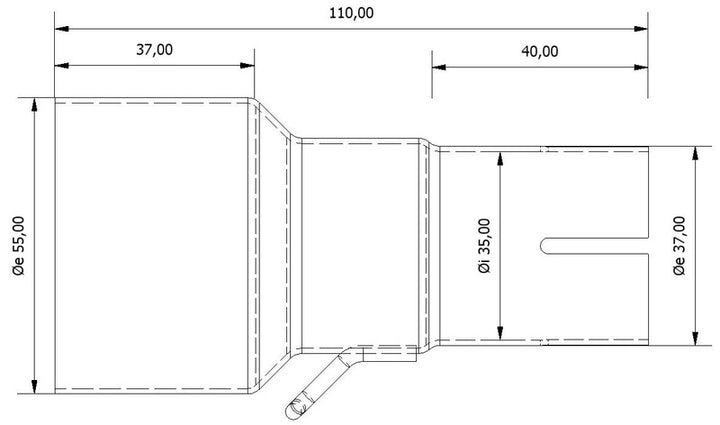 Teknisk ritning av MIVV Inlet Pipe 55 > 35 mm 00.73.KU.00002 med exakta mått för reservdel inom fordonsavgassystem.