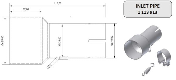 MIVV Inlet Pipe 55 > 38 mm 00.73.KU.00003 med detaljerad ritning och tillbehör som klämma och fjäder, perfekt för avgassystem.