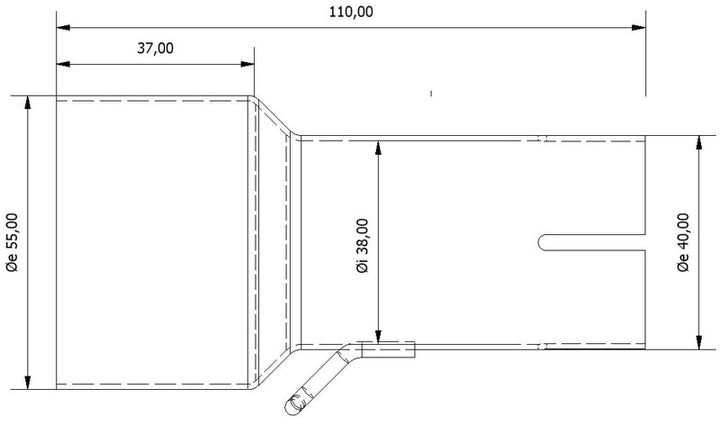 Teknisk ritning av MIVV Inlet Pipe 55 > 38 mm 00.73.KU.00003 med exakta mått, idealisk för reservdelar inom fordonstillbehör.