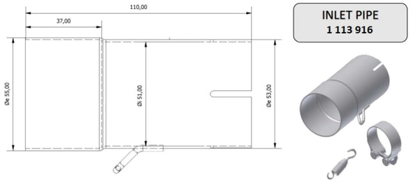 MIVV Inlet Pipe 55 > 51 mm 00.73.KU.00006 med teknisk ritning och tillbehör som klämma och fjäder, perfekt för avgassystem.