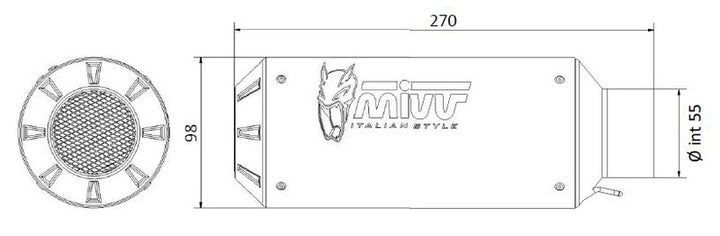 Teknisk ritning av MIVV MK3 Universal Muffler Black Stainless Steel - Right Side 00.73.KU.001.SM3B med mått och detaljerad specifikation.