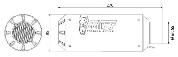 Teknisk ritning av MIVV MK3 Universal Muffler Stainless Steel - Right Side 00.73.KU.001.SM3X med mått 270 mm längd och 98 mm diameter.