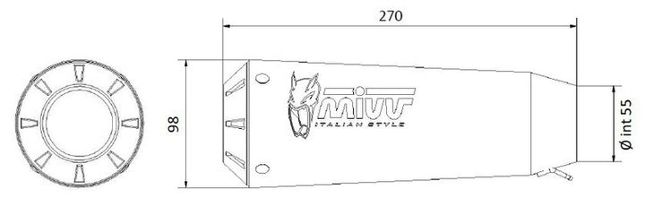 Teknisk ritning av MIVV X-M1 Universal Muffler Stainless Steel - Right Side 00.73.KU.001.SC4 med mått 270 mm längd och 98 mm diameter. Reservdel för avgassystem.