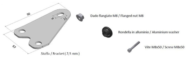 MIVV Mounting Kit för X-M1 Muffler 50.SC.KU.001.SC4 med fäste i 2,5 mm stål, M8 flänsmutter, aluminiumbricka och M8x50 skruv. Perfekt för reservdelar inom fordonstillbehör.