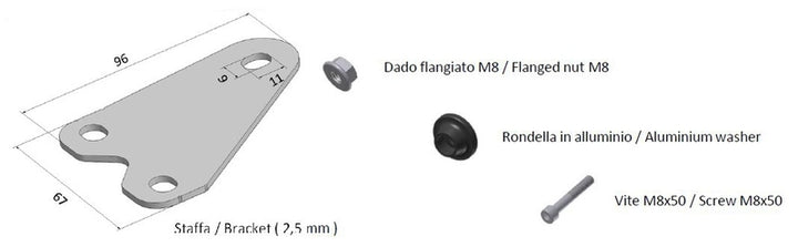 MIVV Mounting Kit för X-M1 Muffler 50.SC.KU.001.SC4 med fäste i 2,5 mm stål, M8 flänsmutter, aluminiumbricka och M8x50 skruv. Perfekt för reservdelar inom fordonstillbehör.