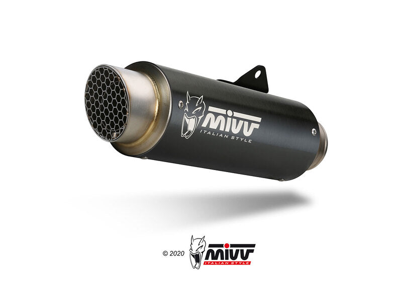 Närbild på MIVV GP Pro Full Exhaust System Black Stainless Steel med bikakegaller och logotyp, perfekt för Yamaha MT 125 Y.067.LXBP.