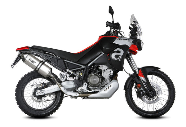 MIVV Speed Edge Slip-On Muffler i rostfritt stål monterad på Aprilia Tuareg 660 A.017.LRT, visad från sidan. Perfekt för offroad och touring.