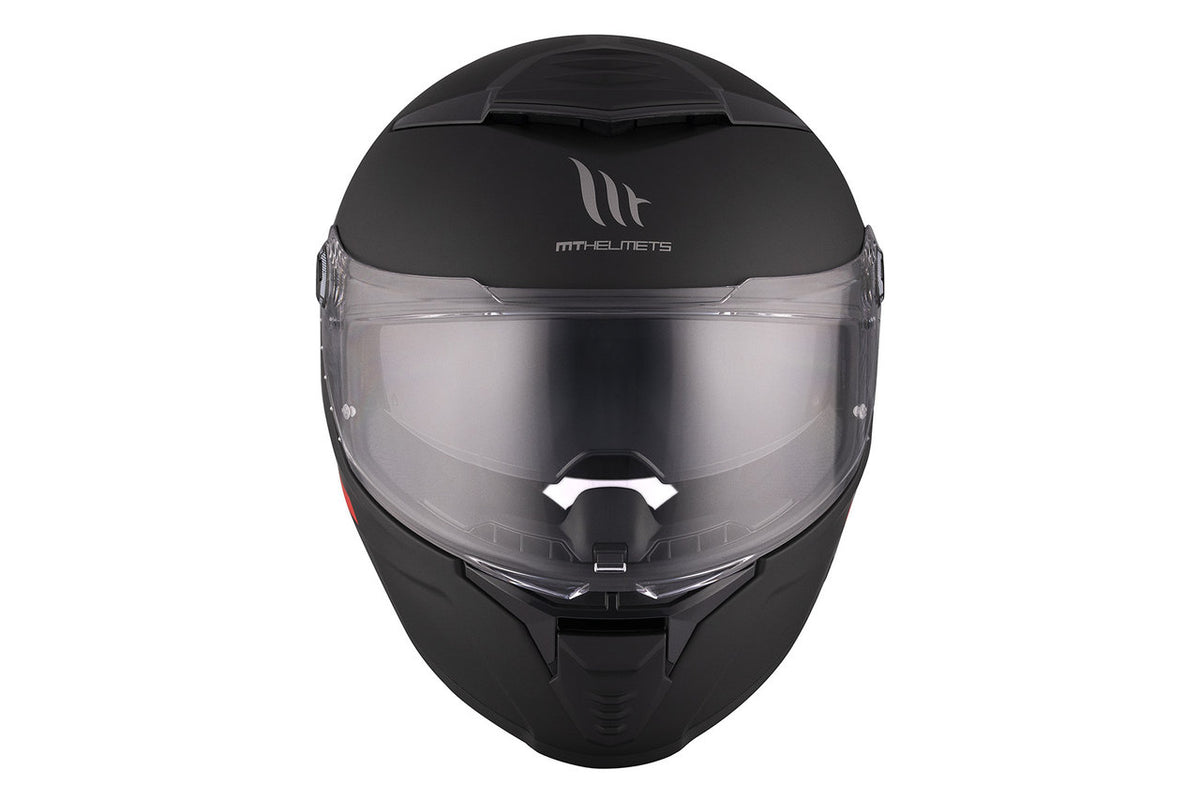 Frontal vy av MT Helmets Integral Mc-Hjälm Thunder 4 SV Matt Svart med klart visir och modern design för optimal säkerhet.