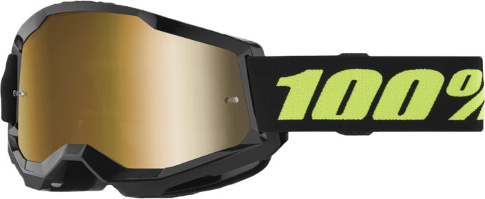 100% Goggles Strata 2 Solar Eclipse - Spegel med guldfärgad spegellins och svart ram. Justerbart svart band med neongul 100%-logotyp.
