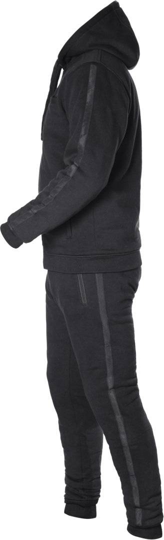Sidosyn av GMS Kevlar Mc-Hoodie Cruz Svart med matchande byxor, visar helhetsdesign med förstärkta detaljer.