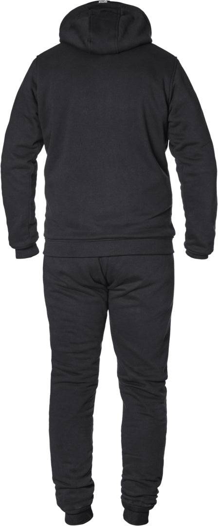Baksida av komplett set med GMS Kevlar Mc-Hoodie Cruz Svart och matchande byxor, designad för skydd och komfort.