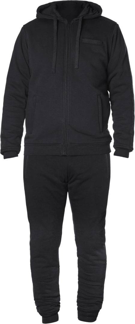 GMS Kevlar Mc-Hoodie Cruz Svart som del av komplett set med matchande byxor, perfekt för motorcykelentusiaster.
