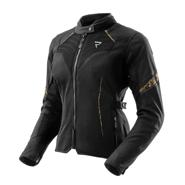 Rebelhorn Jax MC-jacka för kvinnor i svart/guld med ventilerande meshpaneler och justerbar passform. Perfekt för säker och bekväm motorcykelkörning.
