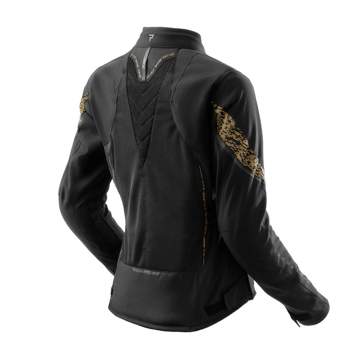 Baksidan av Rebelhorn Jax MC-jacka i svart/guld med ventilerande paneler och ergonomisk design. Stil och säkerhet för motorcyklister.