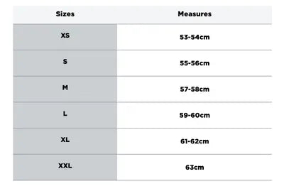 Storlekstabell för HJC Öppningsbar Mc-Hjälm I90 Syrex Svart, med mått från XS (53-54 cm) till XXL (63 cm).