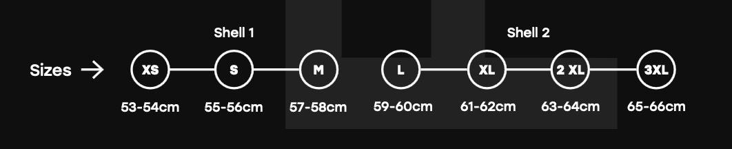 Storleksguide för MT Helmets Integral Mc-Hjälm Thunder 4 SV R25 Röd, från XS till 3XL med skalalternativ för optimal passform.