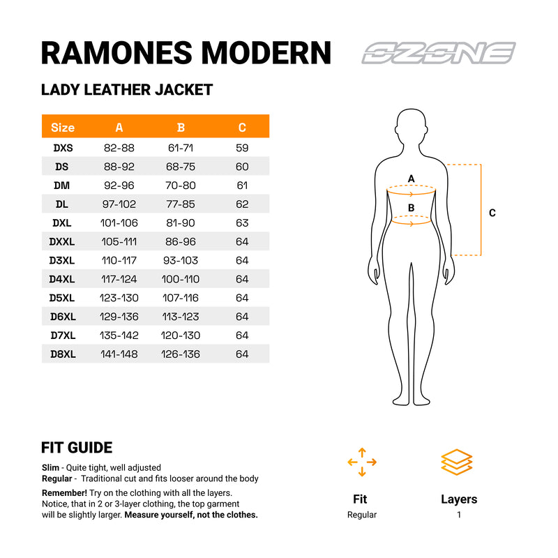 Storleksguide för Ozone Dam Mc-Skinnjacka Ramones Modern Svart med mått för olika storlekar och passformsinformation.