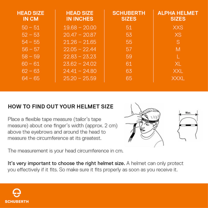 Storlekstabell för Schuberth mc-hjälmar med huvudmått i cm och tum, samt hjälmstorlekar från XXS till XXXL. Guide för att mäta rätt hjälmstorlek.