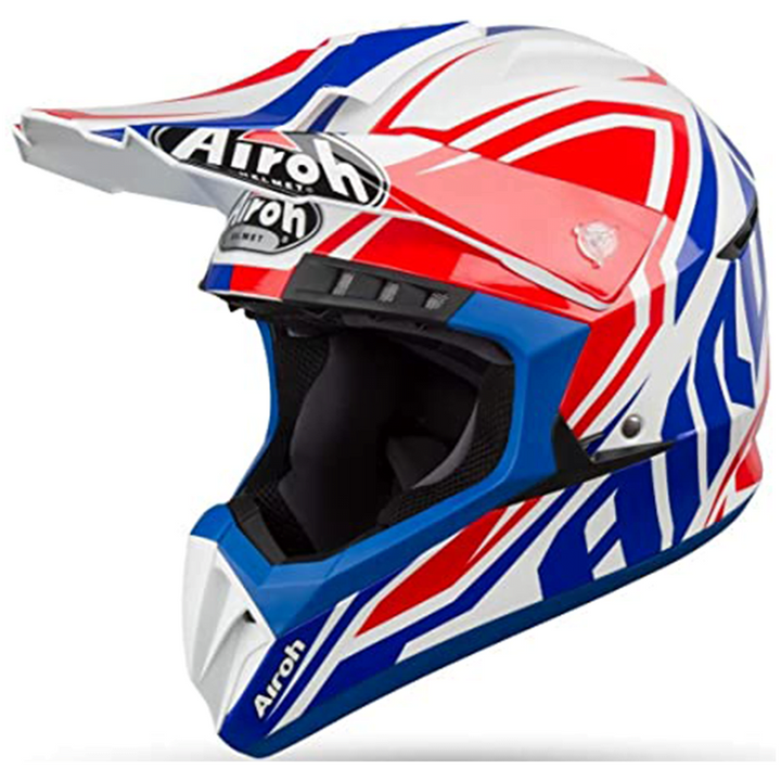Airoh Cross Mc-Hjälm Switch Impact Blue med röd, vit och blå design. Lätt och säker motocrosshjälm med ventilationssystem och justerbar skärm.
