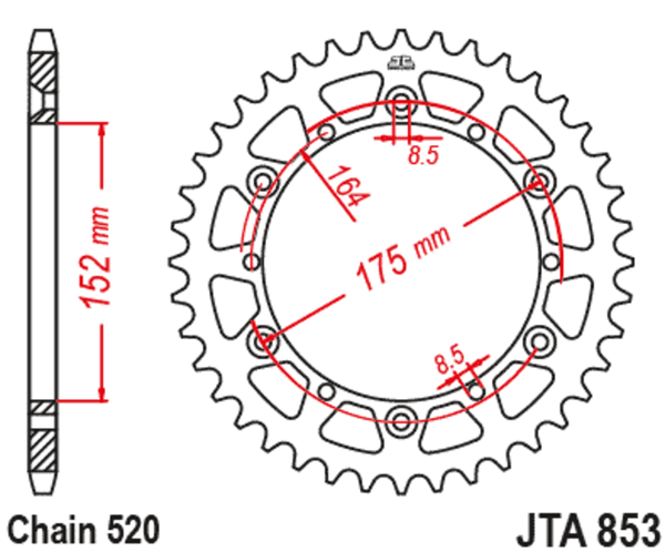 JT Sprock's Aluminum Ultra -Light Reaar Sprock 853 - 520 JTA853.43BLK