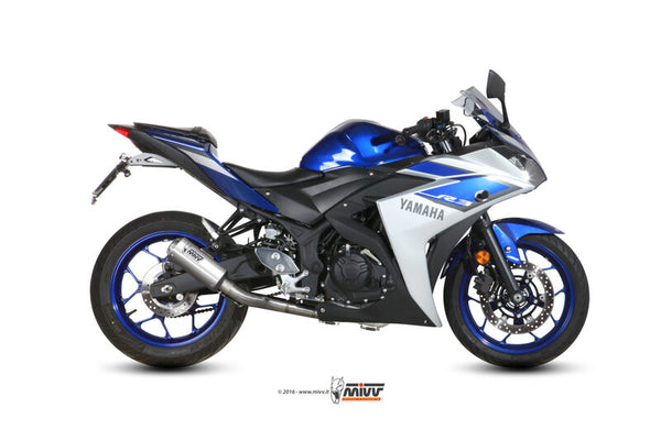 MIVV MK3 Full Exhaust System - Stainless Steel X.YA.0008.SM3X monterat på Yamaha R3 sportmotorcykel, visad från sidan i blå och vit färg.
