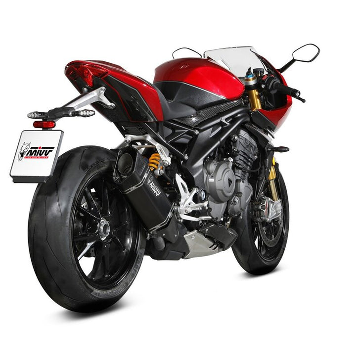 MIVV SR-1 Silencer T.025.LR1TB monterad på sportmotorcykel, visad bakifrån med fokus på avgassystemet i titan och kolfiber.