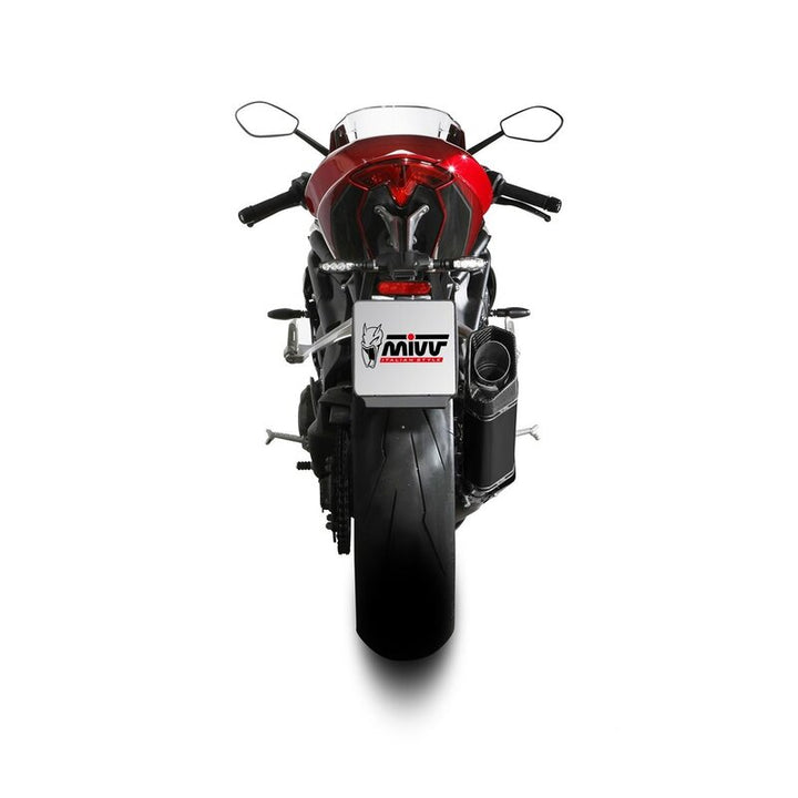 MIVV SR-1 Silencer T.025.LR1TB på motorcykel, bakifrån med tydlig vy av ljuddämparen och MIVV-logotypen på registreringsskylten.