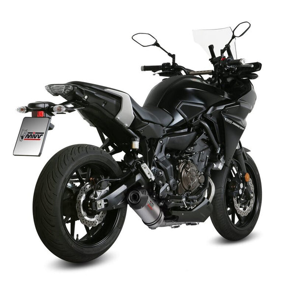 MIVV Oval Full Exhaust System Y.058.L4C monterat på svart motorcykel, visat bakifrån. Perfekt för reservdelar inom fordonstillbehör.