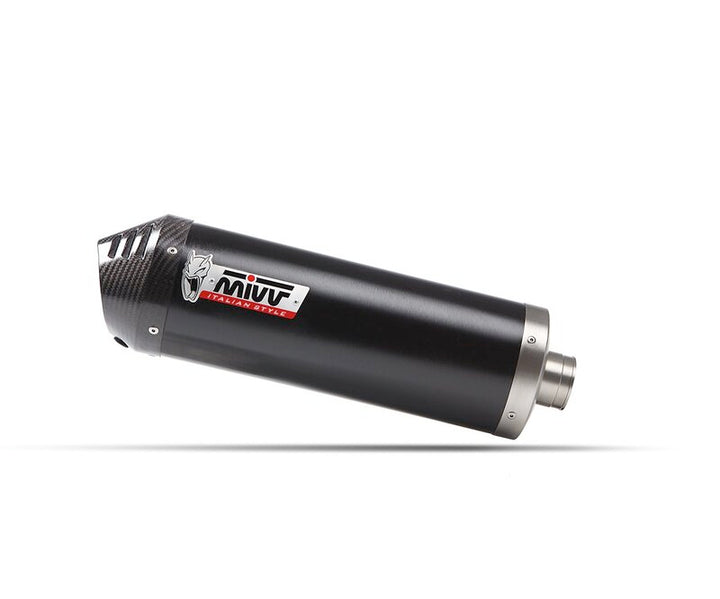 Närbild av MIVV Oval Full Exhaust System Y.073.LVC, svart avgassystem med kolfiberdetaljer och MIVV-logotyp för fordonstillbehör.