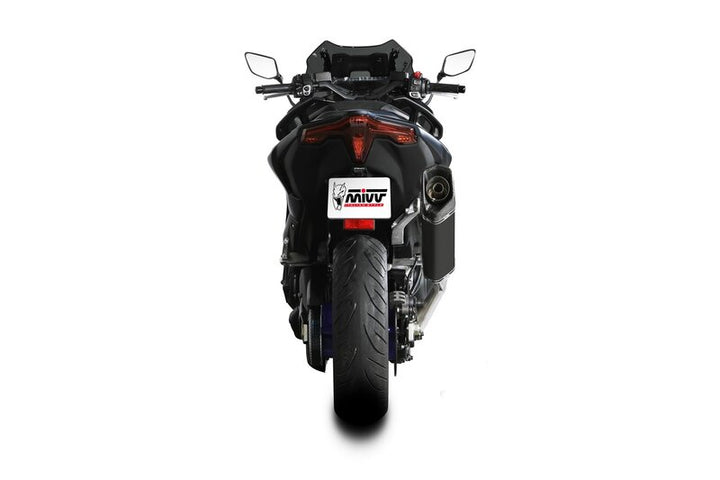 Rakt bakifrån vy av scooter utrustad med MIVV SR-1 Full Exhaust System Y.073.LR1TB, idealisk för fordonstillbehör och prestandauppgraderingar.