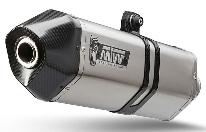 Närbild av MIVV Speed Edge Silencer S.061.LRX i rostfritt stål med kolfiberdetaljer, idealisk för motorcykelreservdelar.