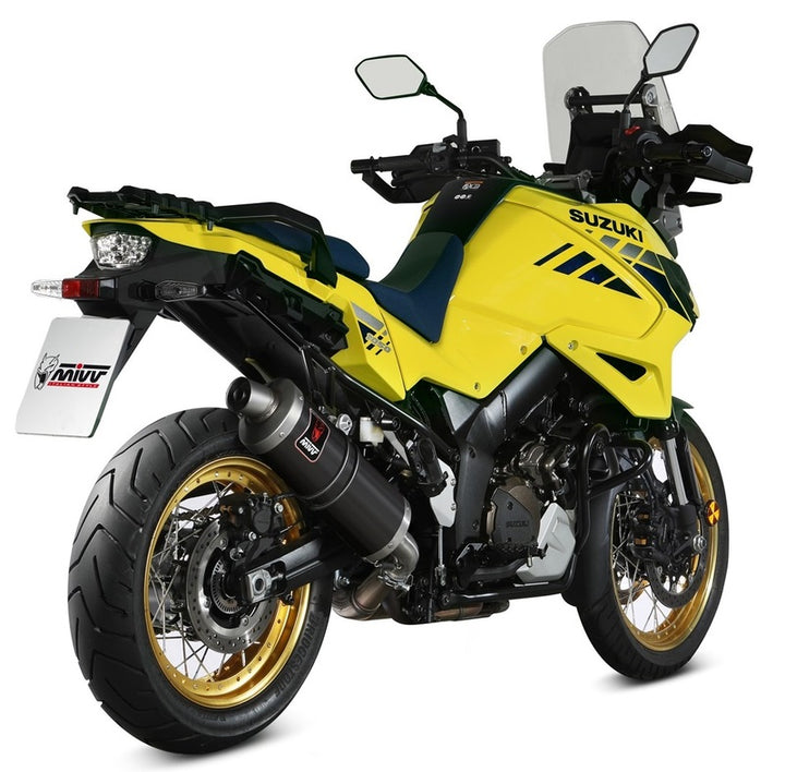 Bakre vy av Suzuki V-Strom med installerad MIVV Dakar Slip-On Muffler S.042.LEKB, optimerad för stil och effektivitet inom fordonstillbehör.