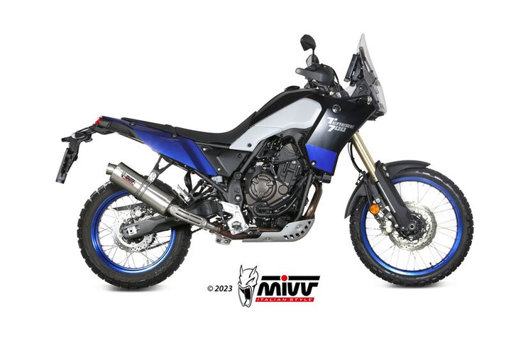 MIVV Slip-On Exhaust Y.064.L4 monterad på Yamaha Ténéré 700, optimerar prestanda och ljud för offroad- och äventyrsmotorcyklar.