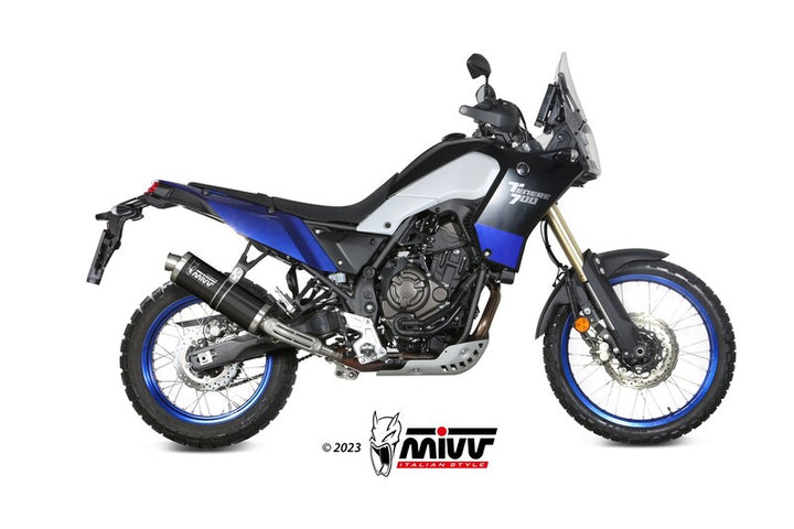 MIVV Slip-On Exhaust Y.064.L4B monterad på Yamaha Ténéré 700, visar passform och stil för fordonstillbehör inom avgassystem.