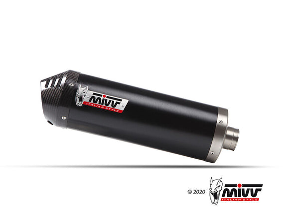 MIVV Muffler Slip On Oval E.012.LVC med svart finish och kolfiberände, designad för motorcyklar inom reservdelar och tillbehör.