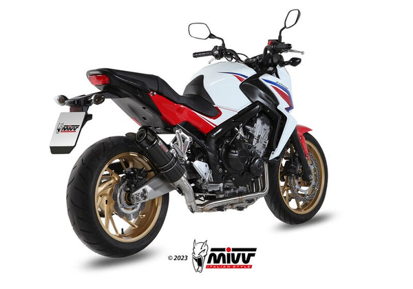 MIVV GP Full Exhaust System H.055.L2SC monterat på sportmotorcykel med röd, vit och blå kaross och guldfärgade fälgar. Perfekt för prestandaoptimering inom reservdelar.