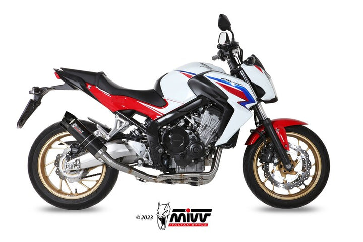 Sidovy av motorcykel utrustad med MIVV GP Full Exhaust System H.055.L2SC, visar sportig design och högkvalitativt avgassystem för fordonstillbehör.