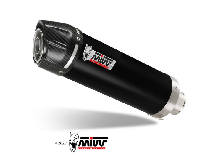 Närbild av MIVV GP Silencer S.017.LXBC i svart med kolfiberdetaljer. Högkvalitativt avgassystem inom ACC. EXHAUST kategorin.