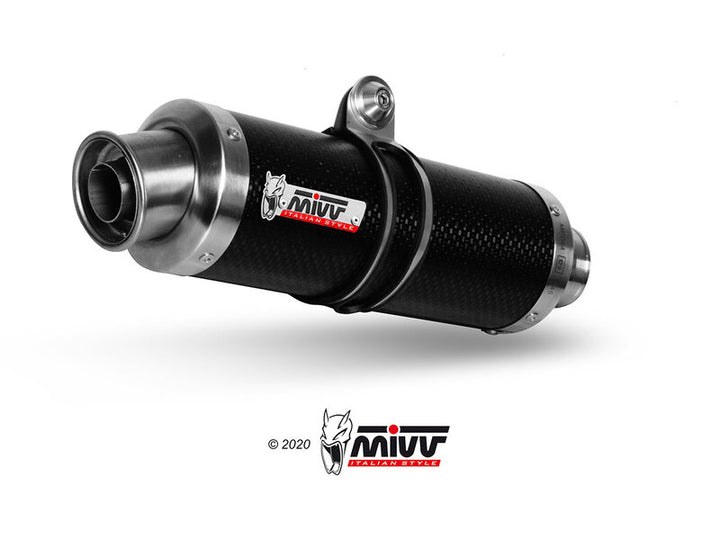 Närbild av MIVV GP Silencer Y.055.L2S i kolfiberfinish. Högpresterande avgassystem inom kategorin VEHICLE PARTS & ACCESSORIES.