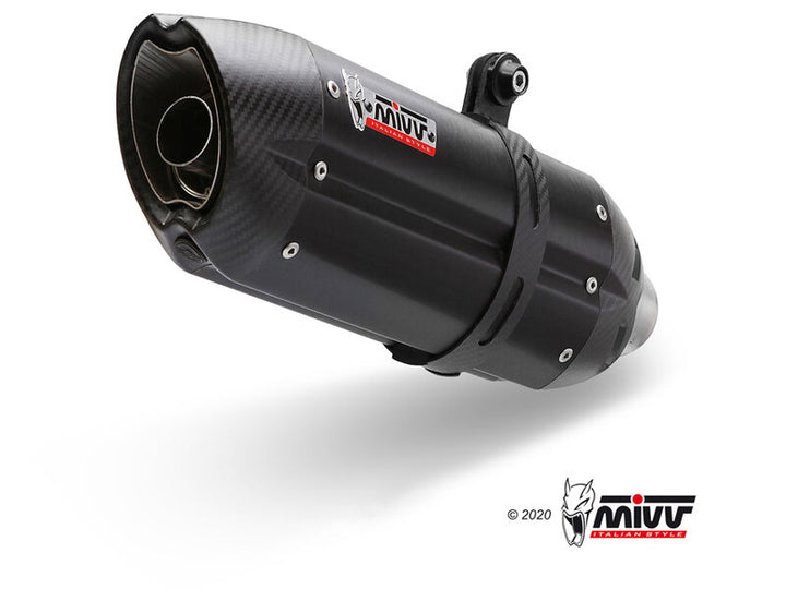 Närbild av MIVV Suono Silencer Y.055.L9 i kolfiberfinish, högkvalitativt avgassystem för fordonstillbehör och reservdelar.