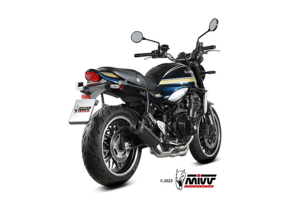 MIVV HR-1 Silencer K.046.LH1BC monterad på Kawasaki Z900RS, bakifrån med fokus på sportigt avgassystem i svart finish.