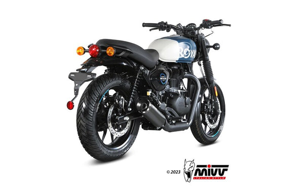 MIVV HR-1 Silencer RE.005.LH1BA monterad på Royal Enfield-motorcykel, bakifrån i vinkel. Perfekt reservdel inom fordonsdelar och tillbehör.