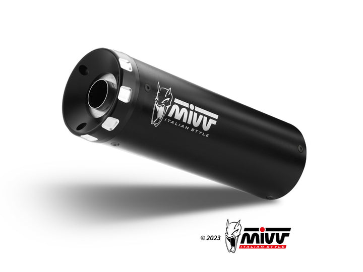 Närbild av MIVV HR-1 Silencer RE.005.LH1BA i svart finish med logotyp. Premium ljuddämpare för ACC. EXHAUST och reservdelar.